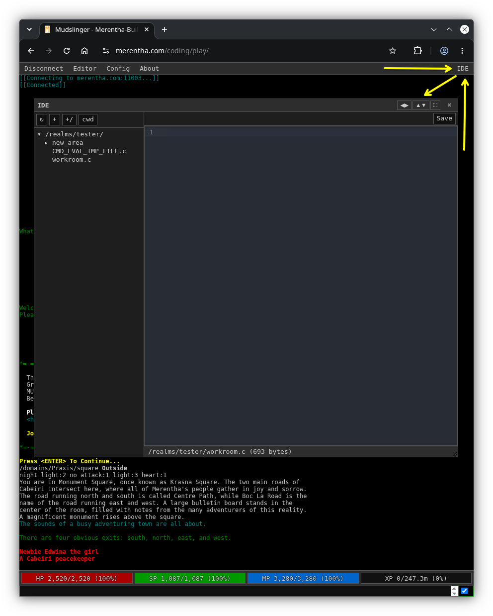 The IDE panel open over the game, with the IDE button at the right of the menu bar