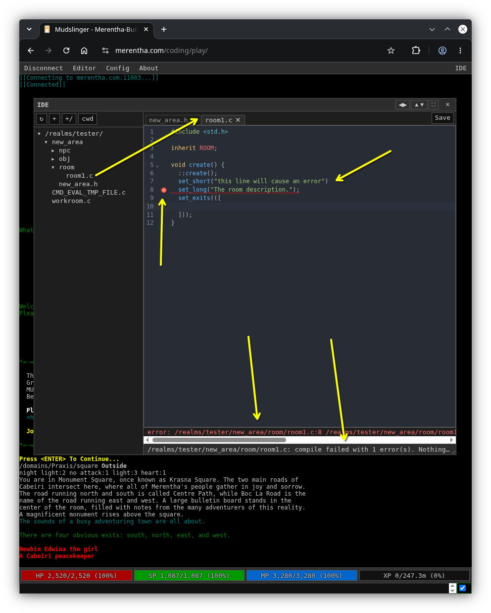 A save with a syntax error marked in the gutter and listed under the editor